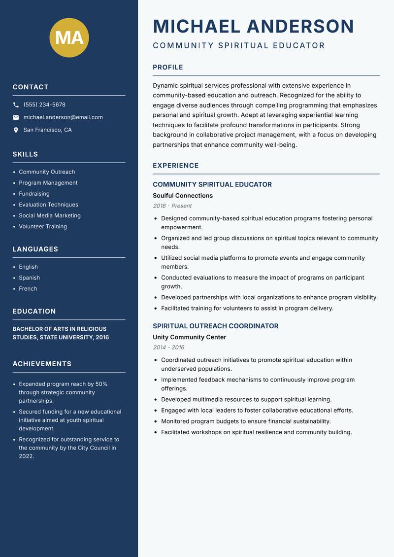 Spiritual Services Educator resume template — Classic Clean