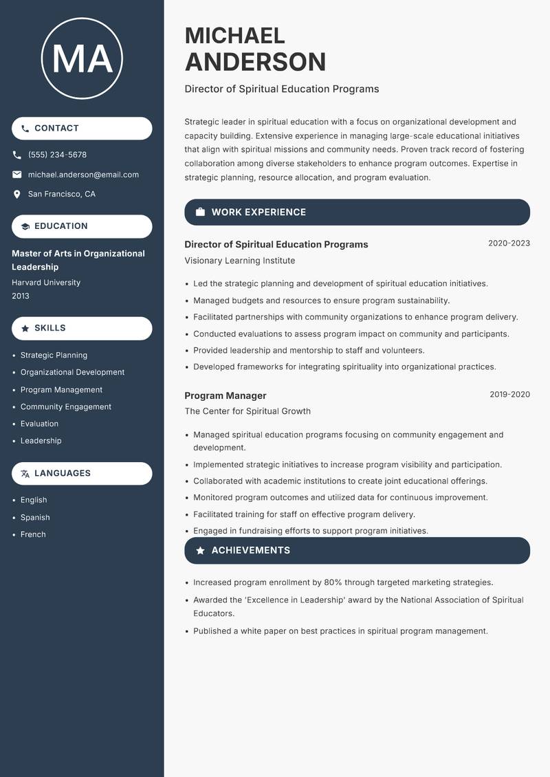 Spiritual Services Educator resume template — Compact