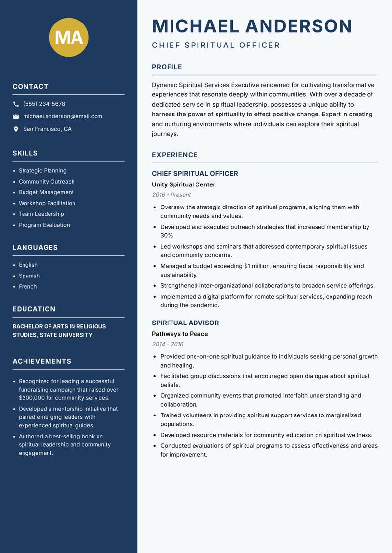 Spiritual Services Executive resume template — Classic Clean