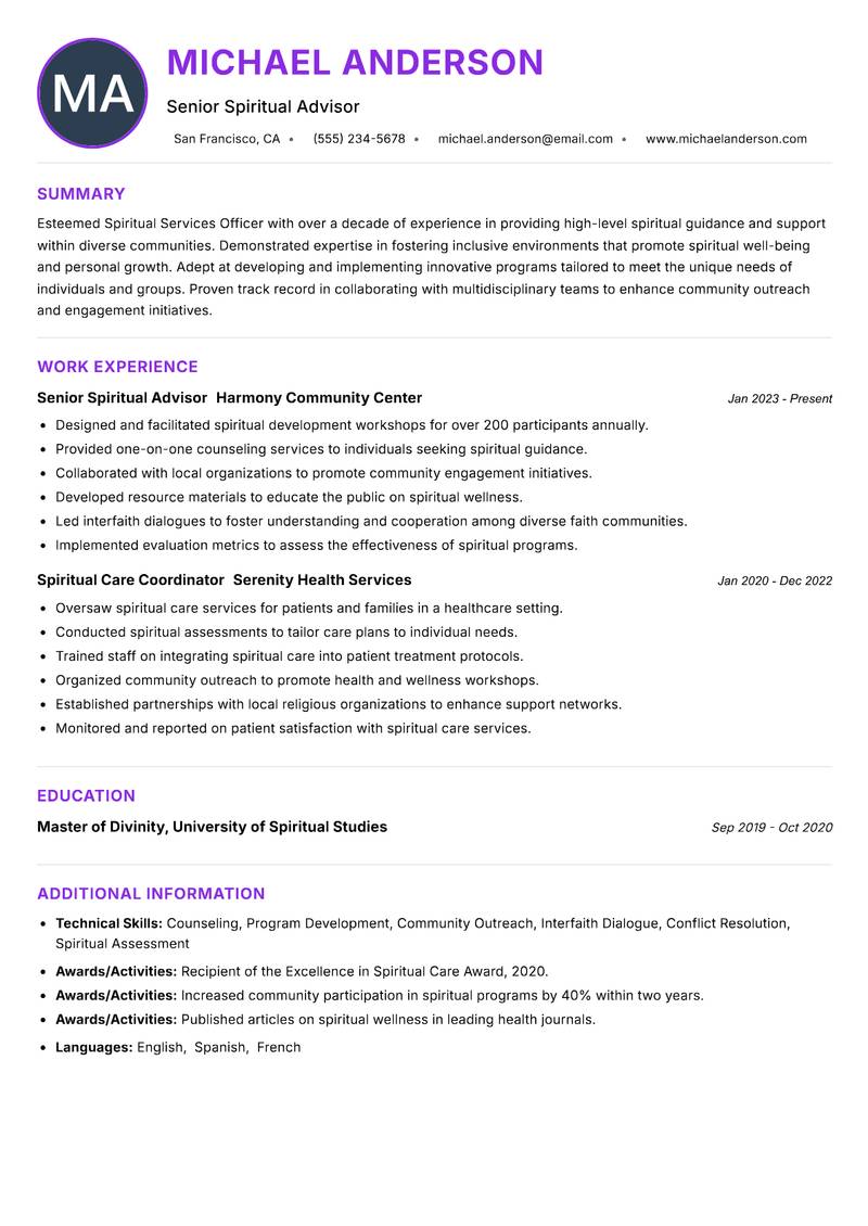 Spiritual Services Officer resume example — ATS-friendly template