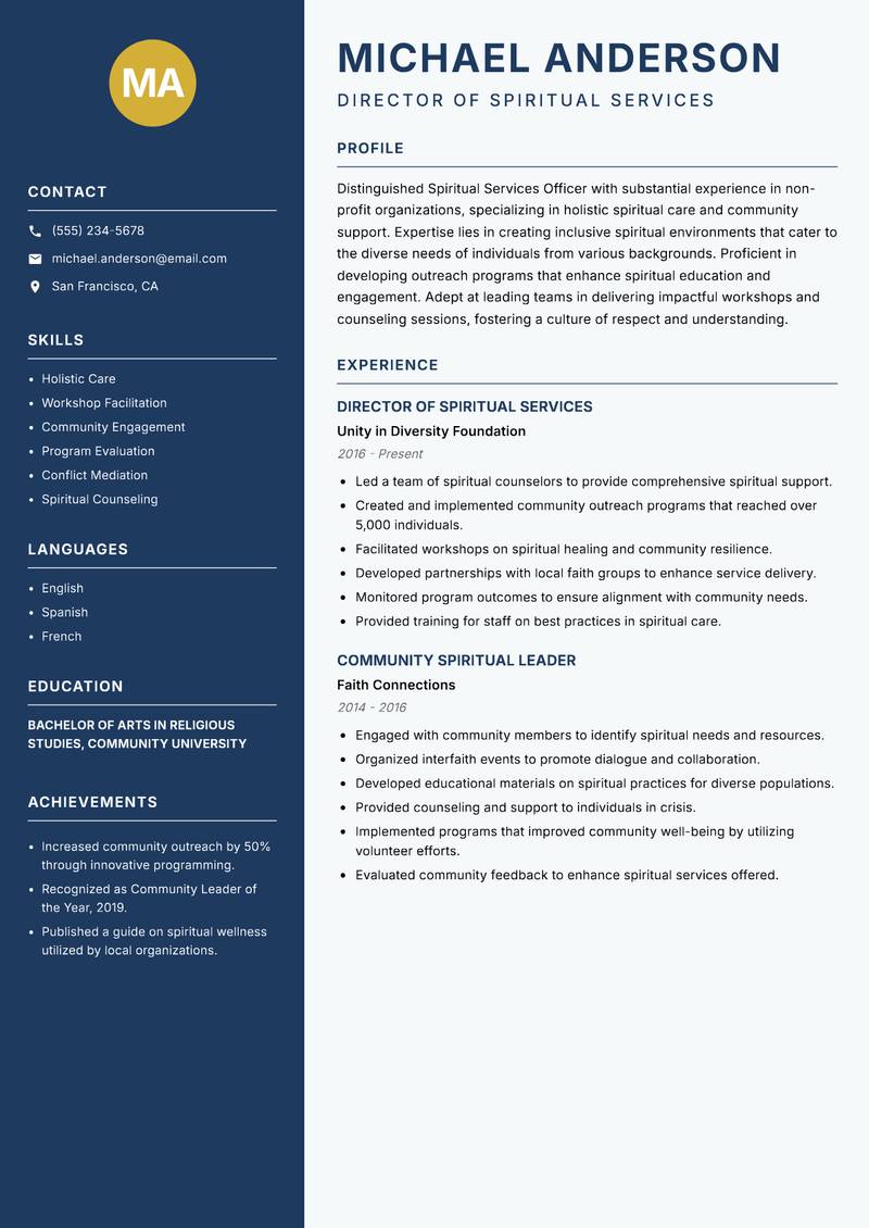 Spiritual Services Officer resume template — Classic Clean