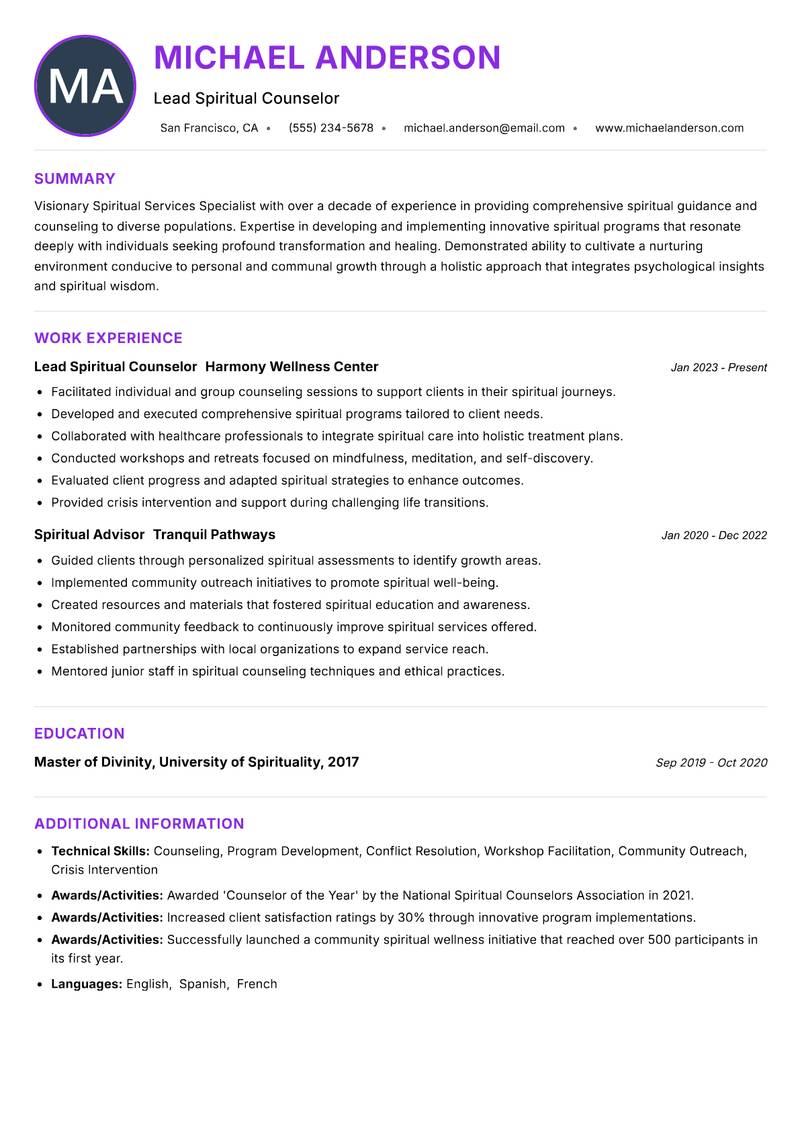 Spiritual Services Specialist resume example — ATS-friendly template