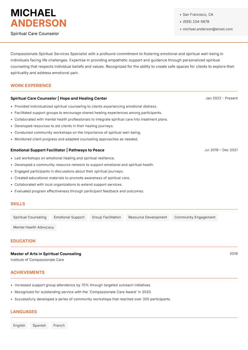Spiritual Services Specialist resume template — Modern Professional