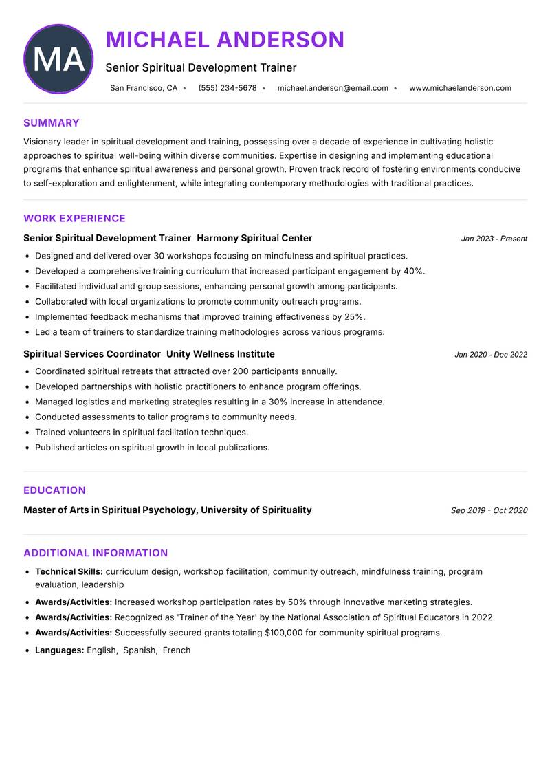 Spiritual Services Trainer resume example — ATS-friendly template