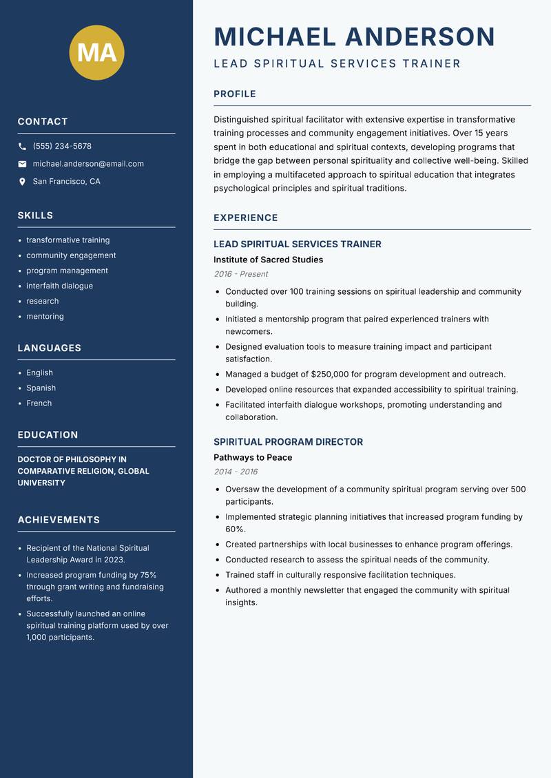 Spiritual Services Trainer resume template — Classic Clean
