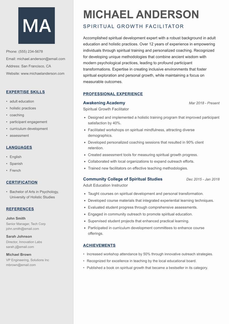 Spiritual Services Trainer resume template — Creative Minimal