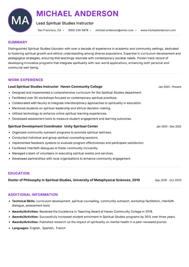 Spiritual Studies Educator resume example — ATS-friendly template