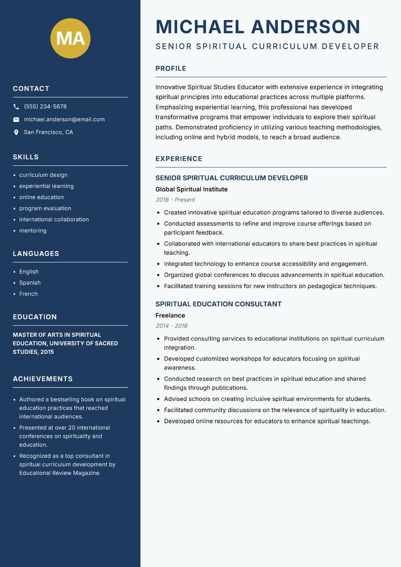 Spiritual Studies Educator resume template — Classic Clean