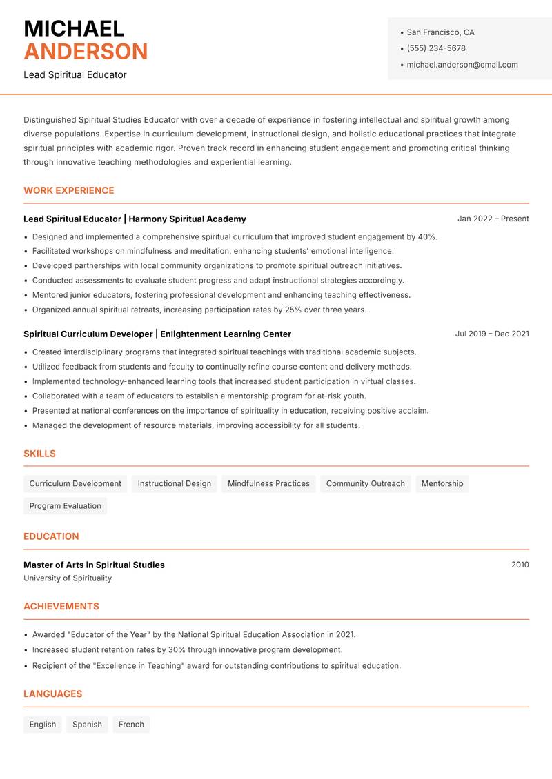 Spiritual Studies Educator resume template — Modern Professional