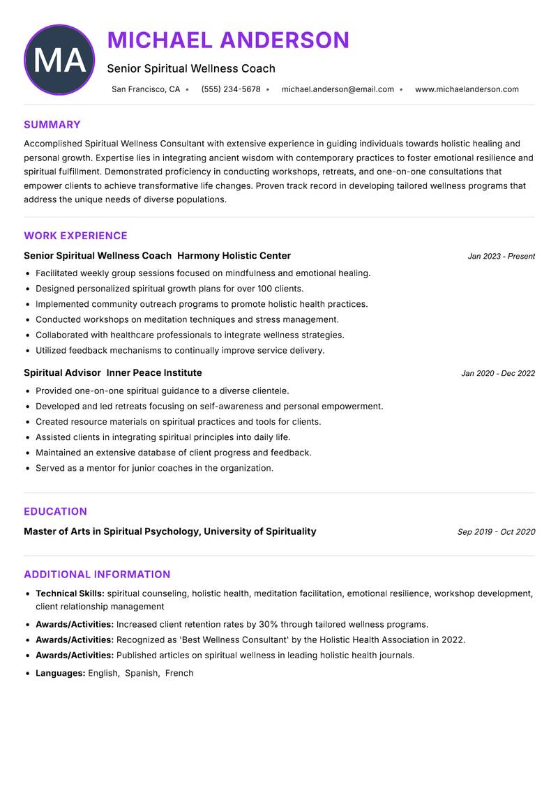 Spiritual Wellness Consultant resume example — ATS-friendly template