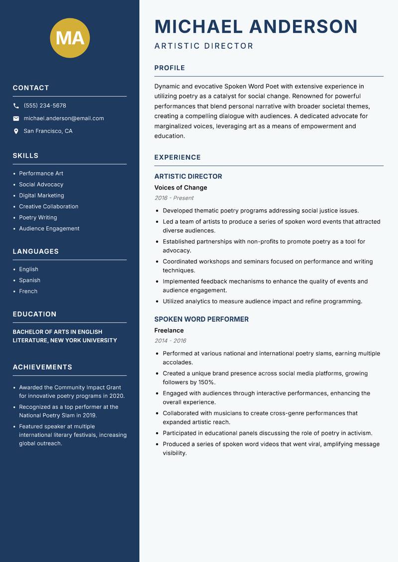 Spoken Word Poet resume template — Classic Clean