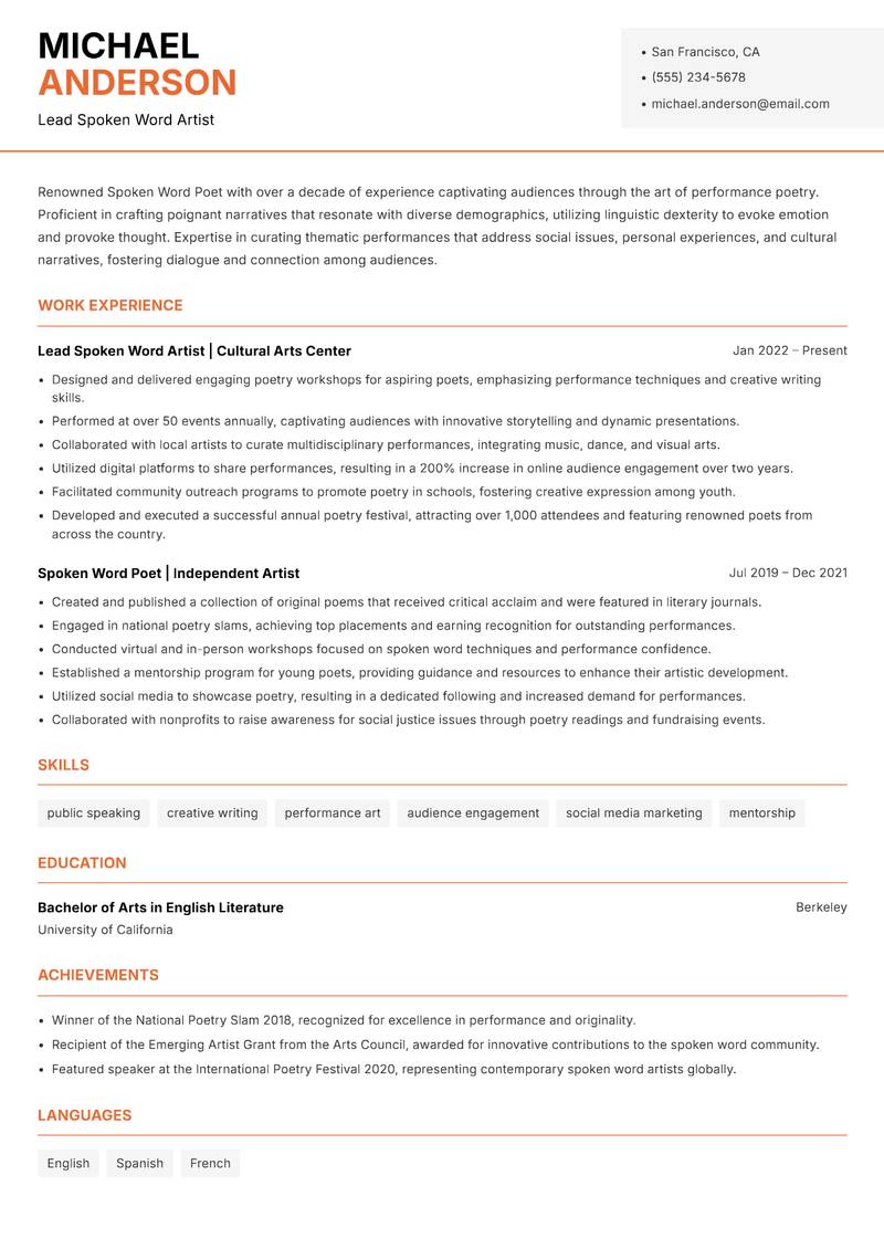 Spoken Word Poet resume template — Modern Professional