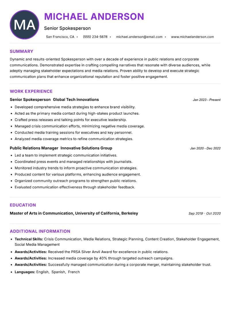 Spokesperson resume example — ATS-friendly template
