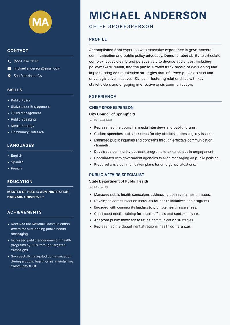 Spokesperson resume template — Classic Clean