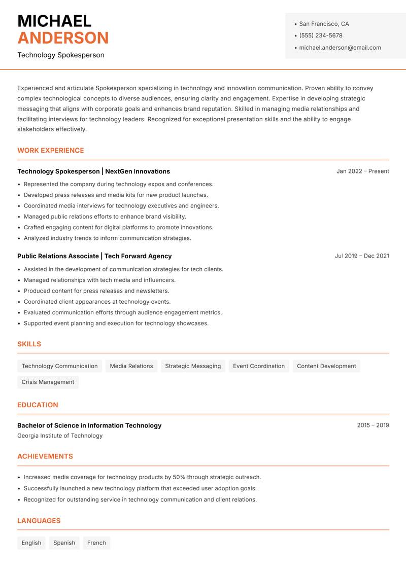 Spokesperson resume template — Modern Professional