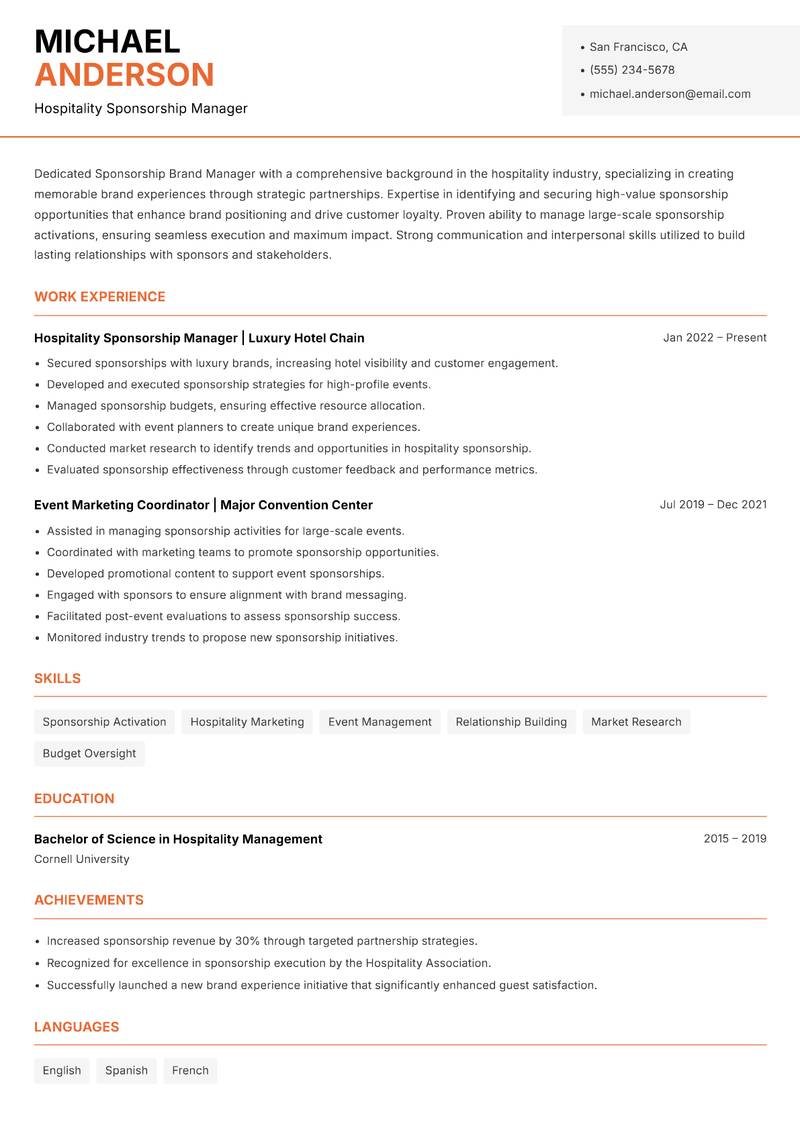 Sponsorship Brand Manager resume template — Modern Professional