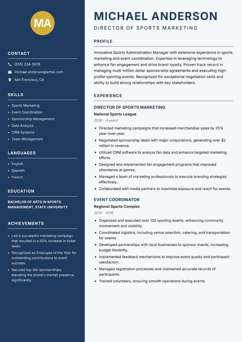 Sports Administration Manager resume template — Classic Clean