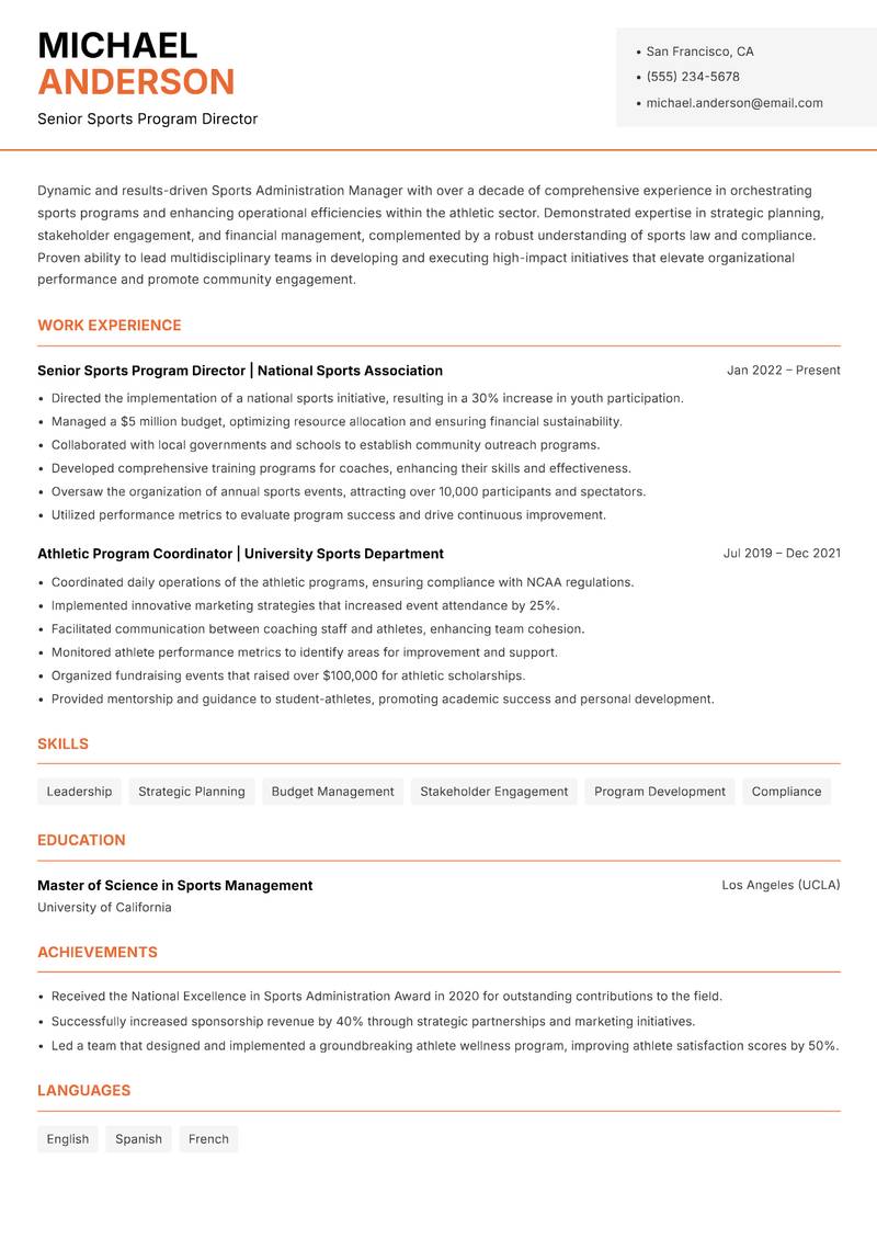 Sports Administration Manager resume template — Modern Professional