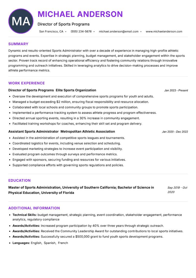 Sports Administrator resume example — ATS-friendly template