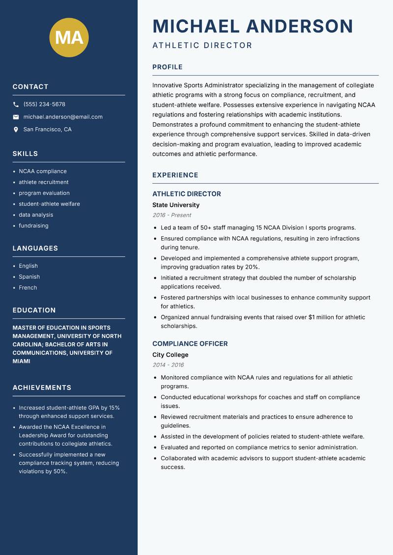 Sports Administrator resume template — Classic Clean