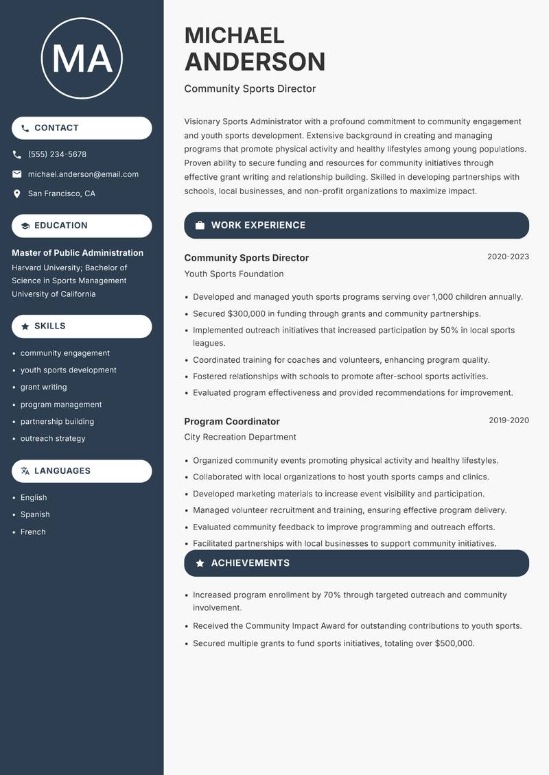 Sports Administrator resume template — Compact