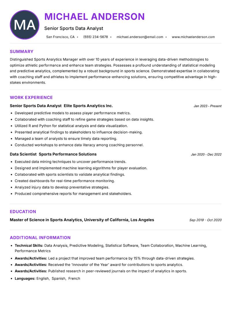 Sports Analytics Manager resume example — ATS-friendly template