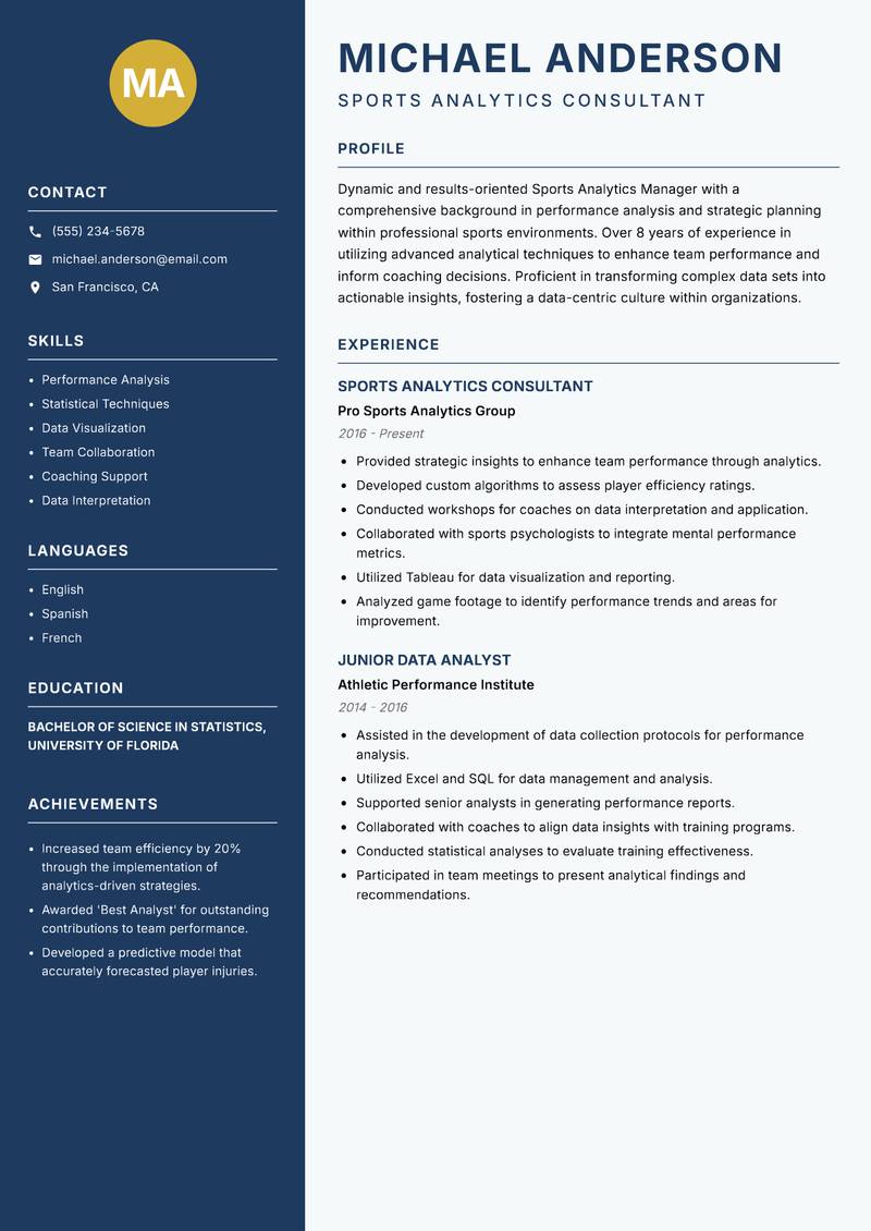 Sports Analytics Manager resume template — Classic Clean