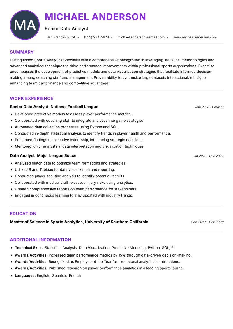 Sports Analytics Specialist resume example — ATS-friendly template