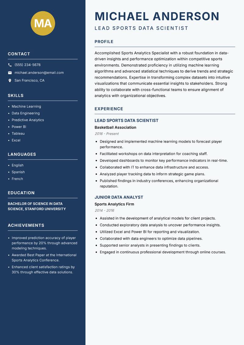 Sports Analytics Specialist resume template — Classic Clean