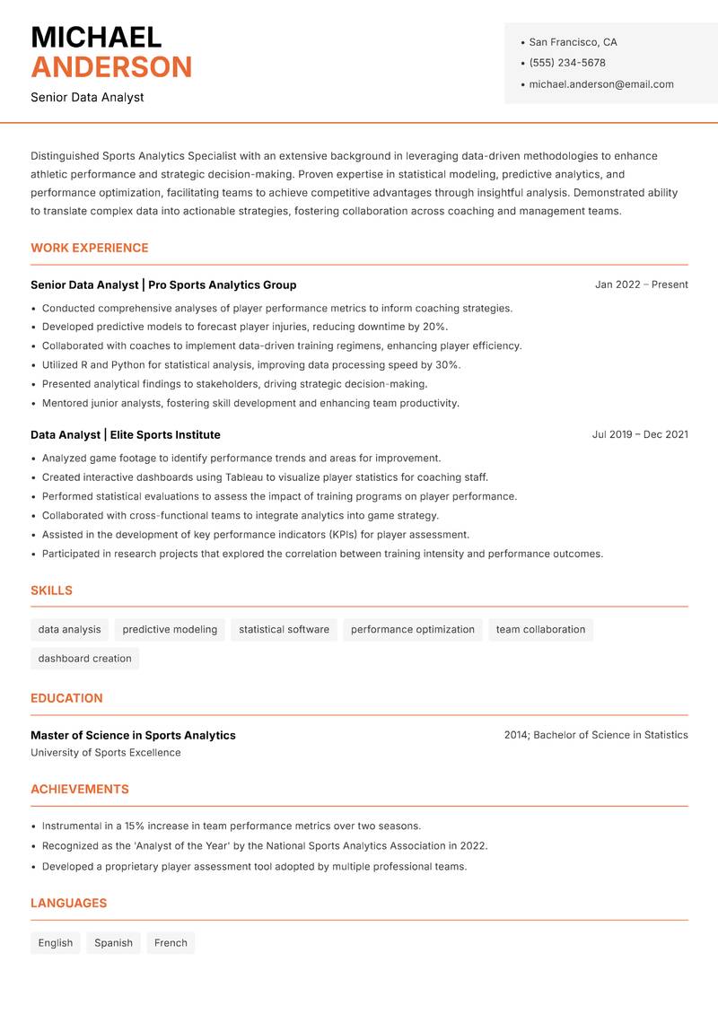Sports Analytics Specialist resume template — Modern Professional