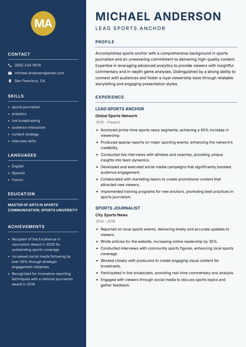 Sports Anchor resume template — Classic Clean