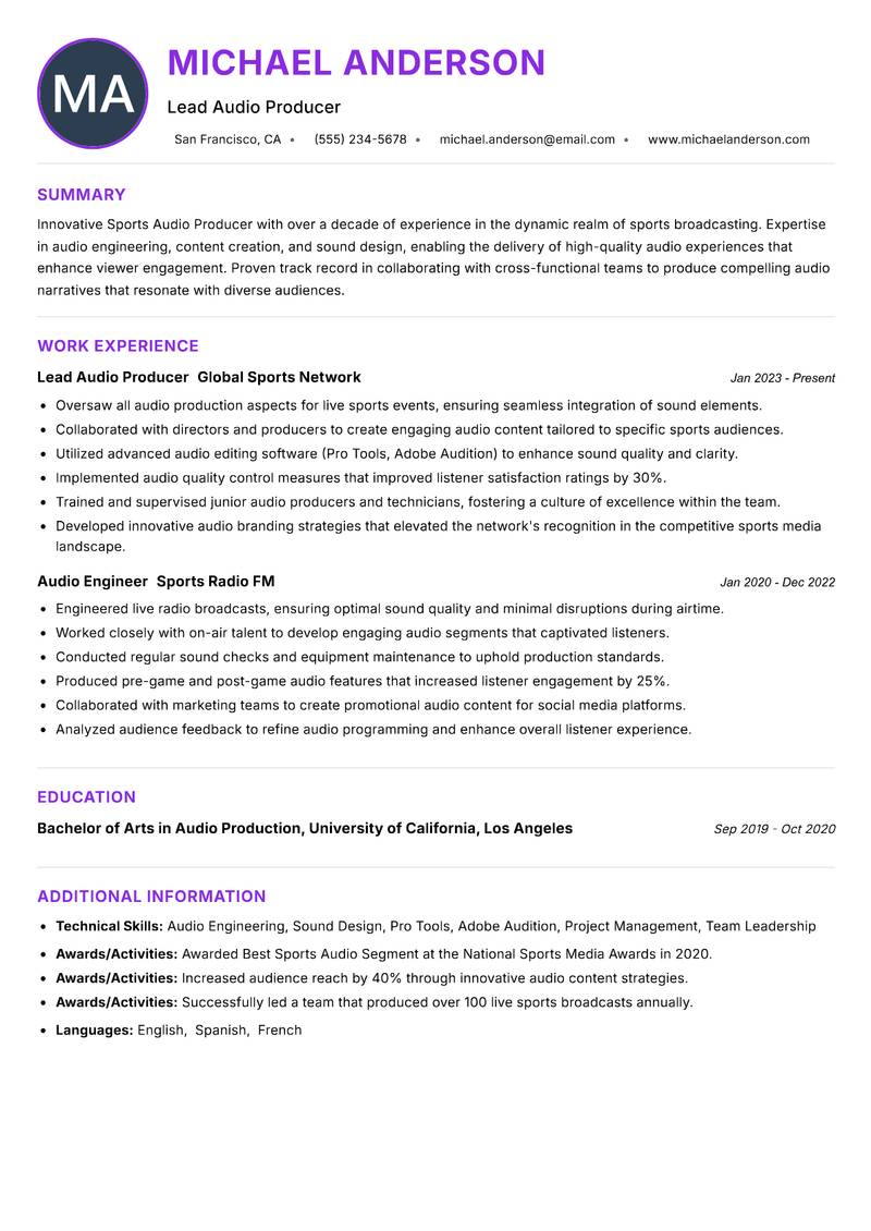 Sports Audio Producer resume example — ATS-friendly template