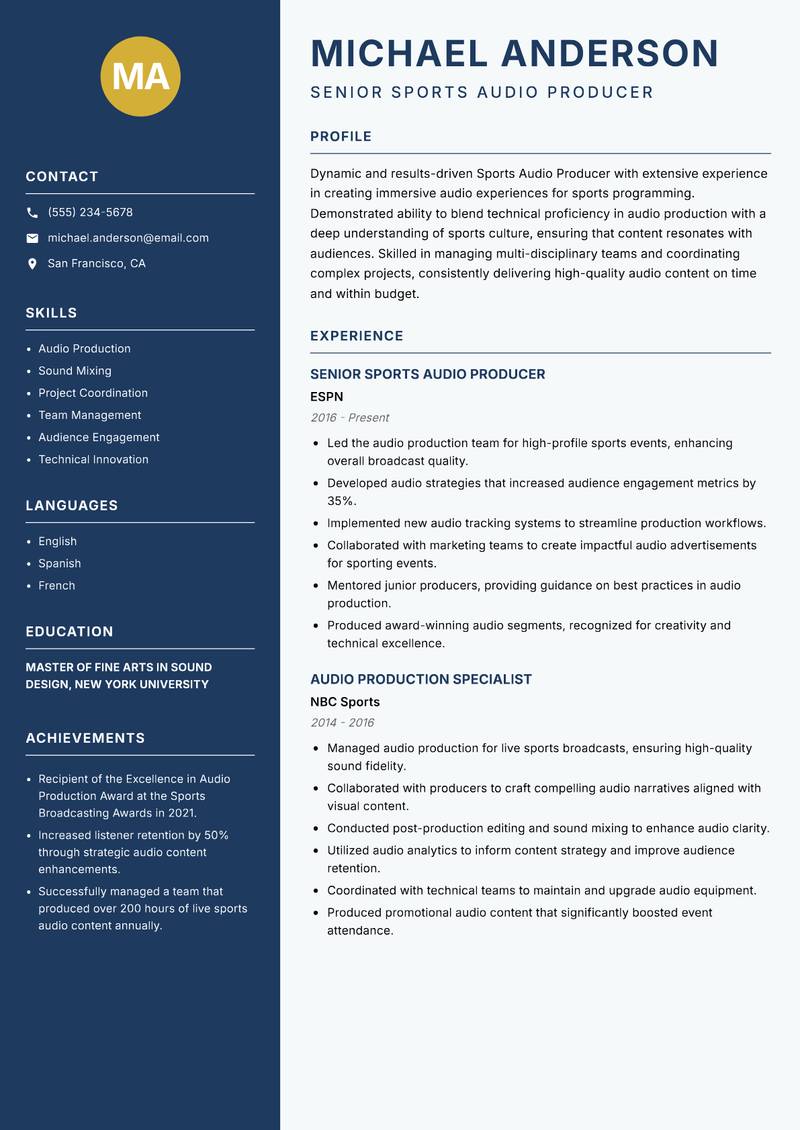Sports Audio Producer resume template — Classic Clean