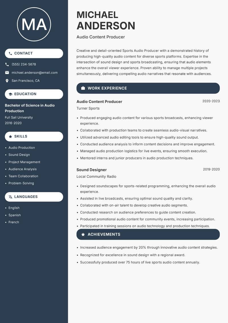 Sports Audio Producer resume template — Compact