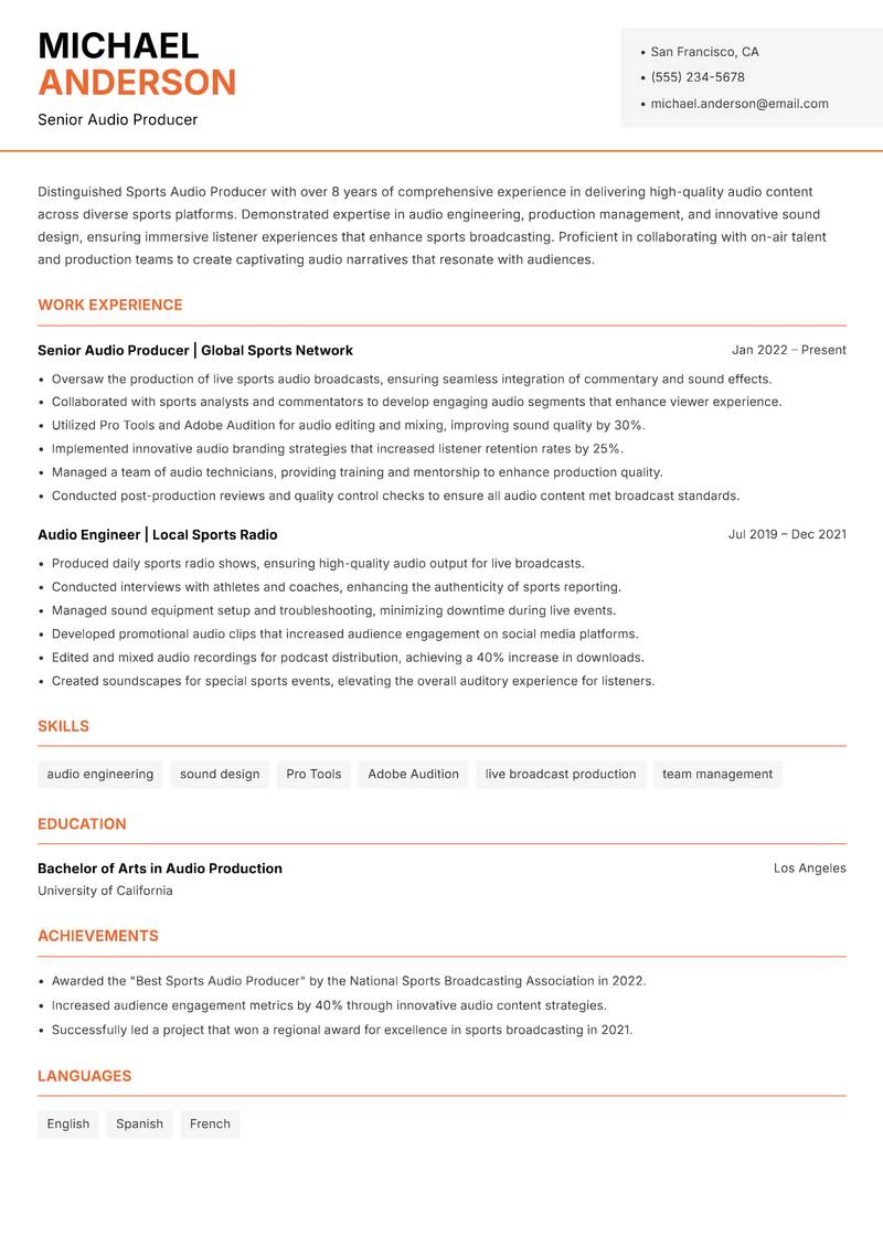 Sports Audio Producer resume template — Modern Professional