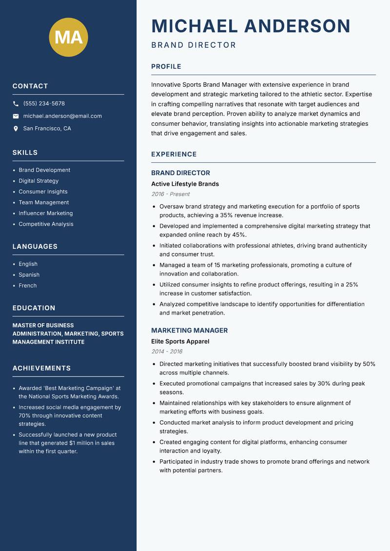 Sports Brand Manager resume template — Classic Clean