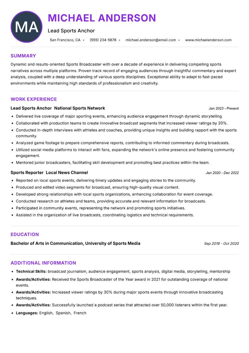 Sports Broadcaster resume example — ATS-friendly template