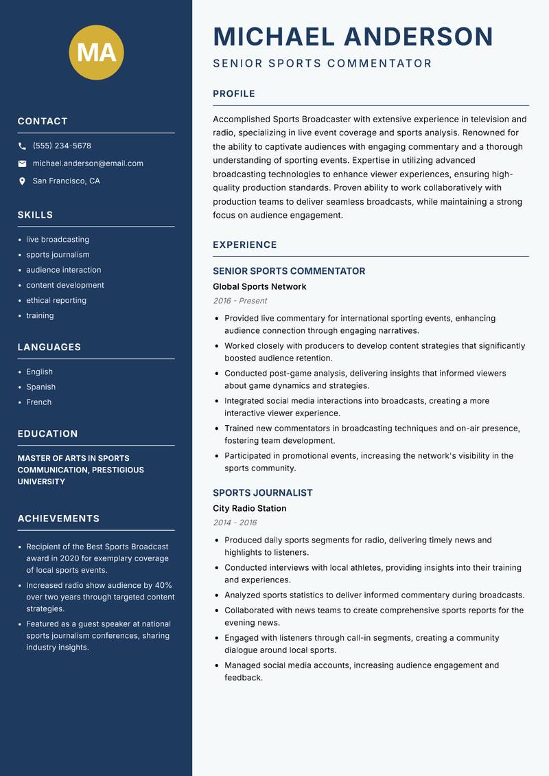 Sports Broadcaster resume template — Classic Clean