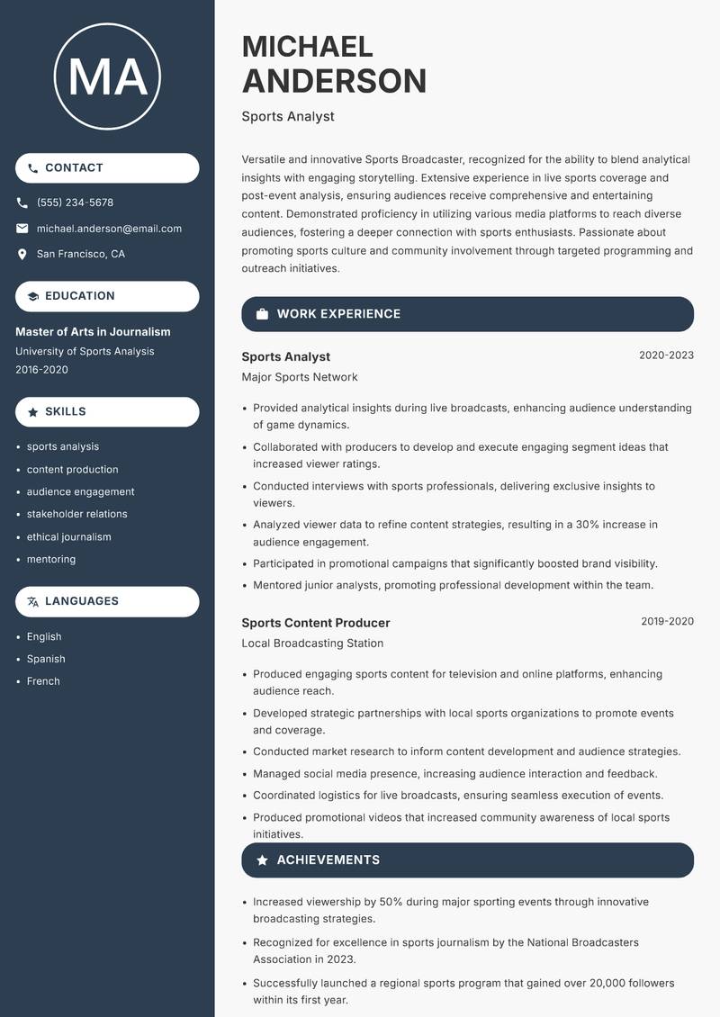 Sports Broadcaster resume template — Compact