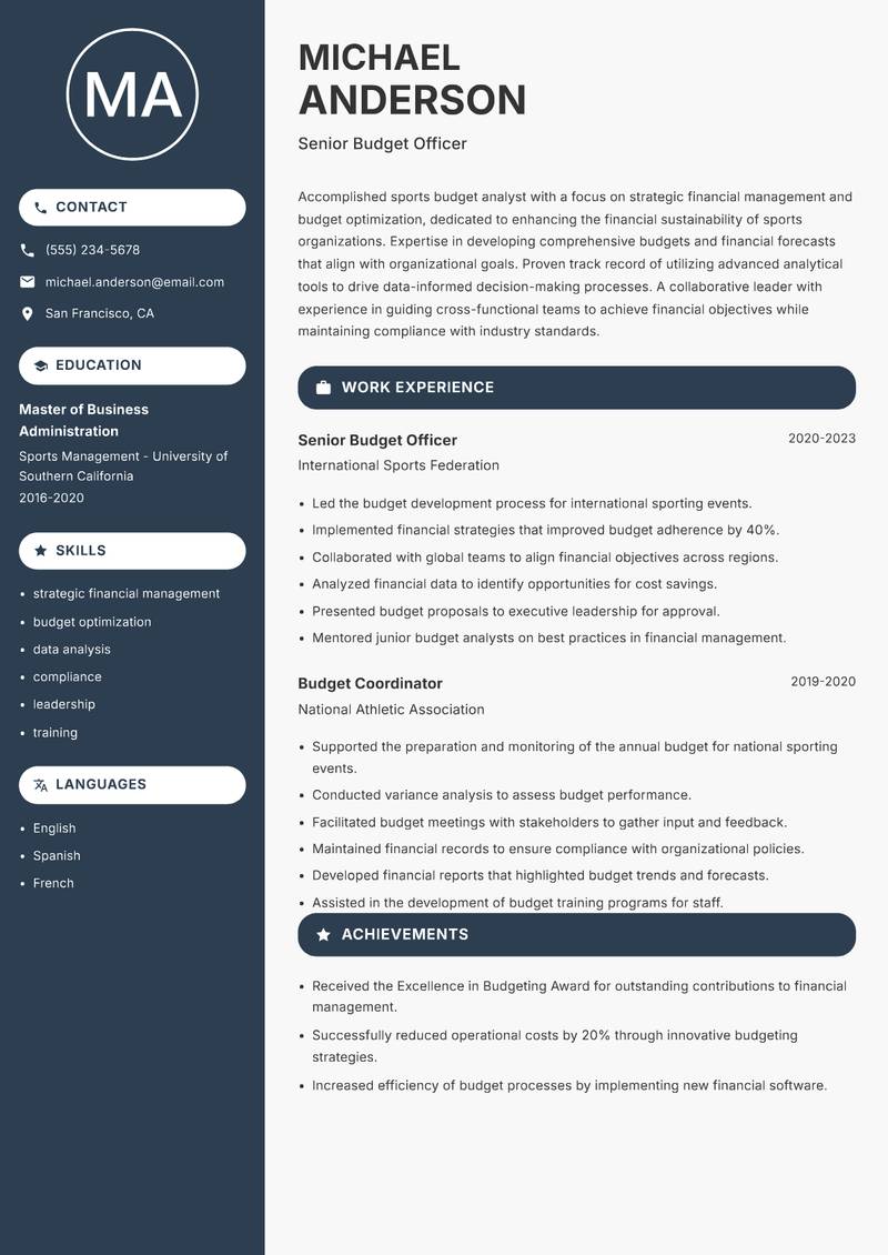 Sports Budget Analyst resume template — Compact