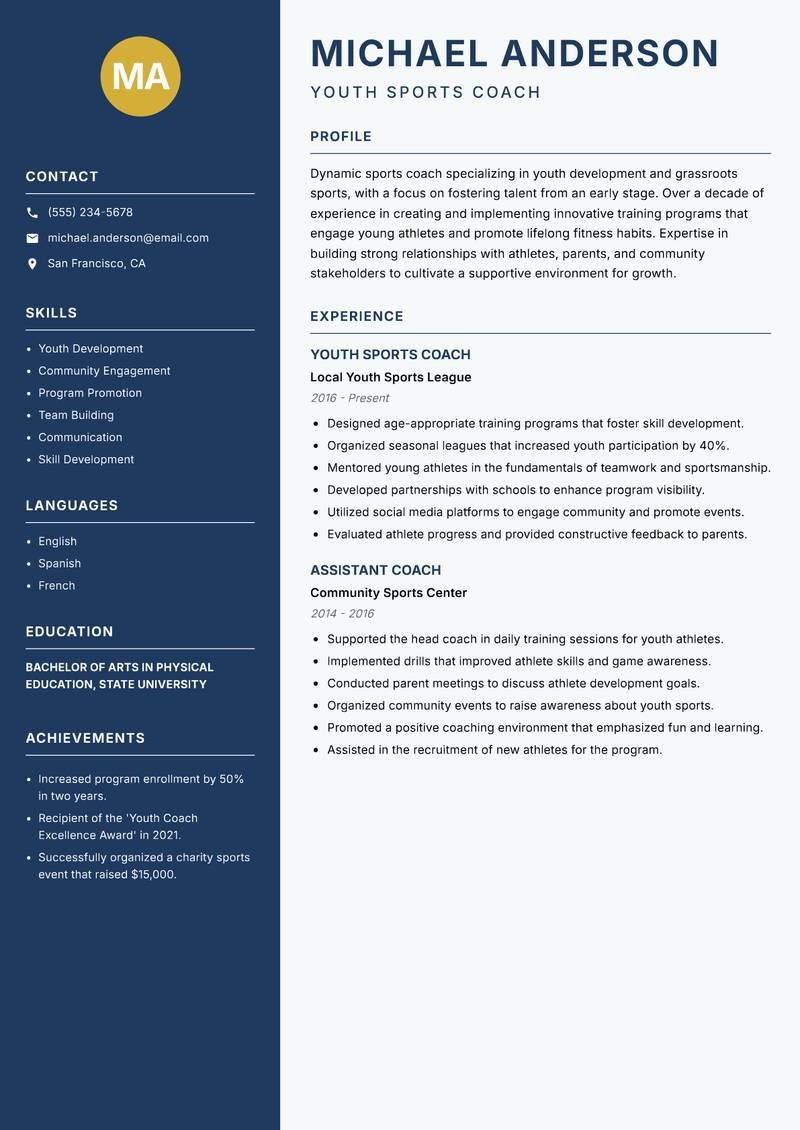 Sports Coach resume template — Classic Clean