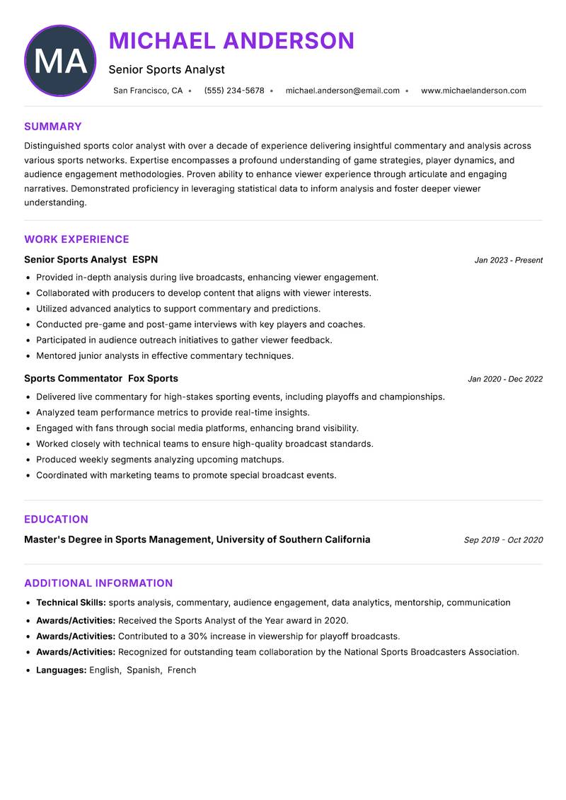 Sports Color Analyst resume example — ATS-friendly template