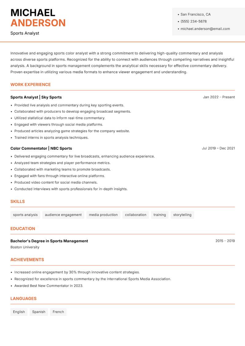 Sports Color Analyst resume template — Modern Professional