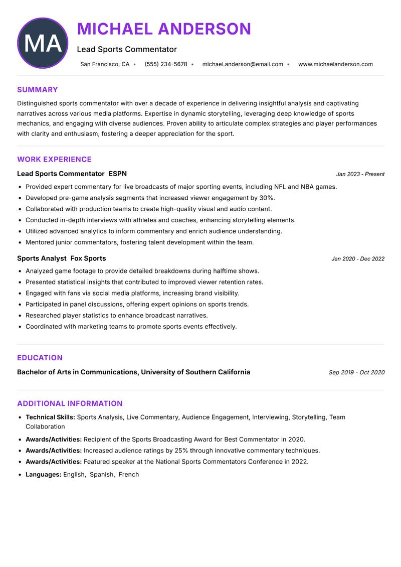 Sports Commentator resume example — ATS-friendly template