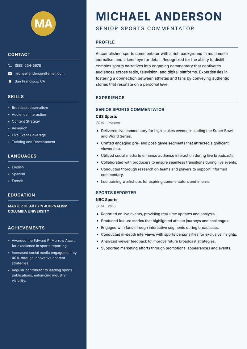 Sports Commentator resume template — Classic Clean