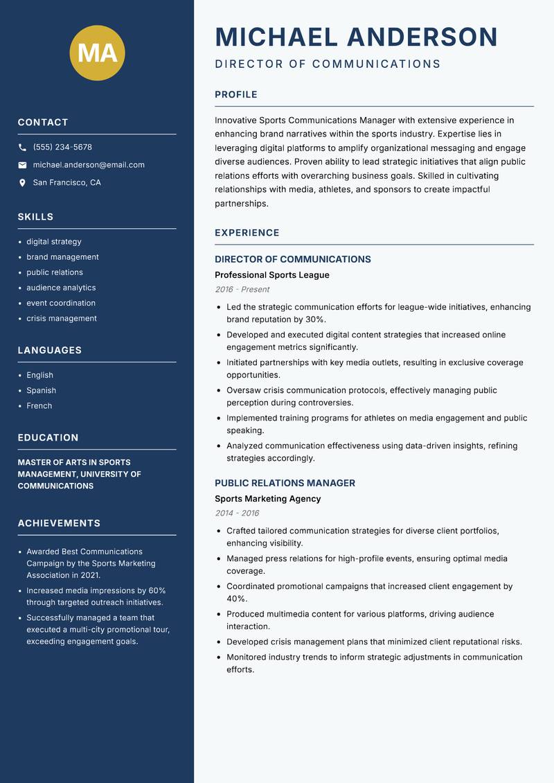 Sports Communications Manager resume template — Classic Clean