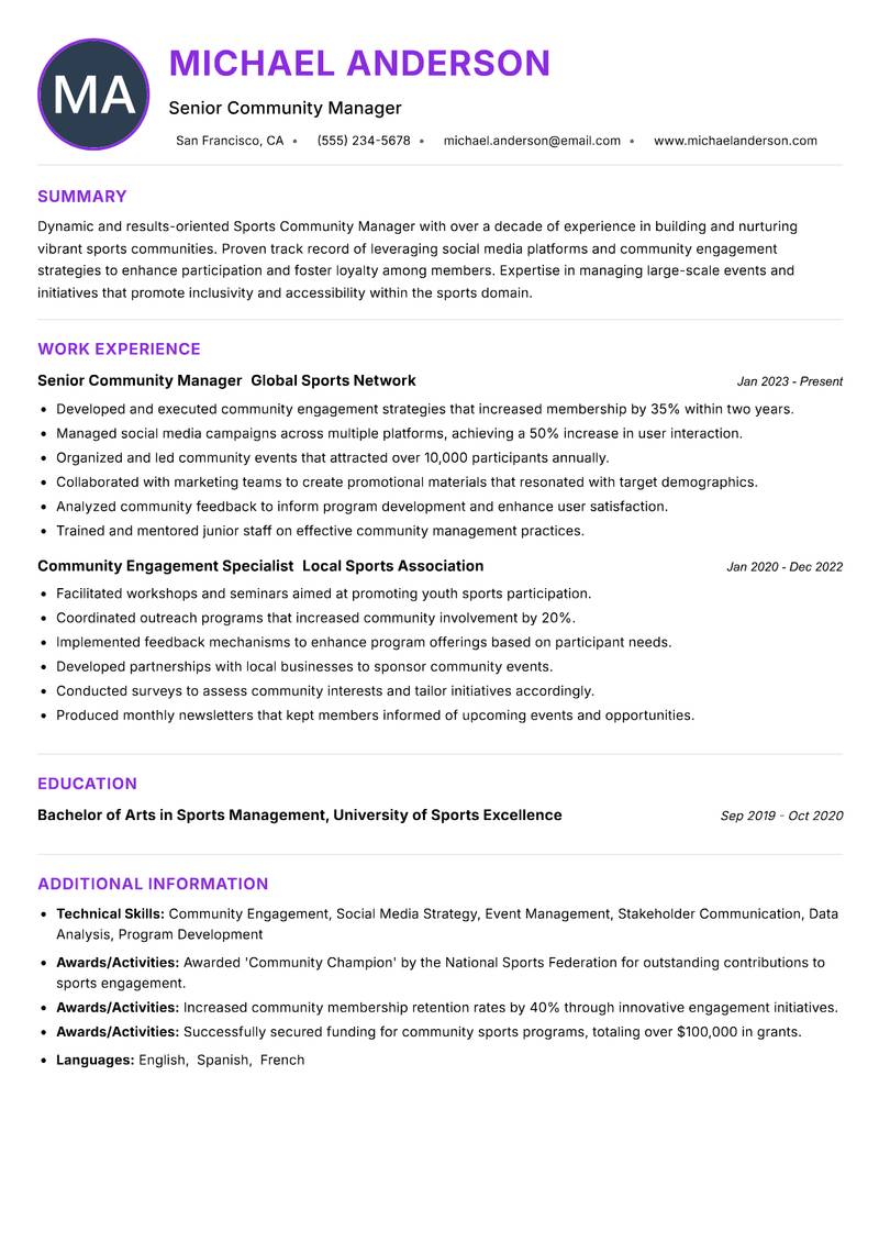 Sports Community Manager resume example — ATS-friendly template