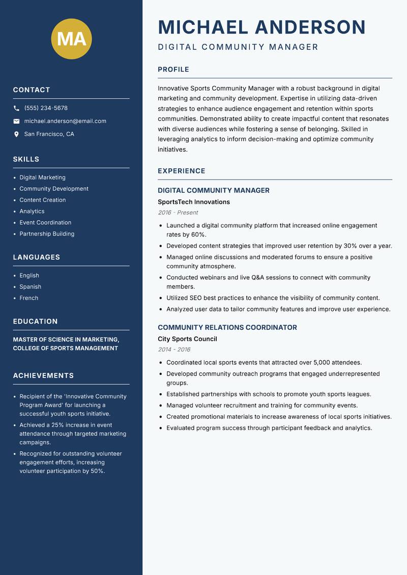 Sports Community Manager resume template — Classic Clean
