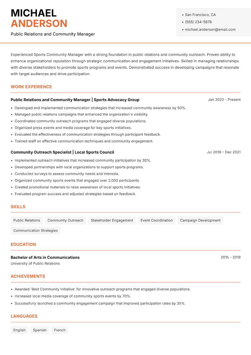 Sports Community Manager resume template — Modern Professional