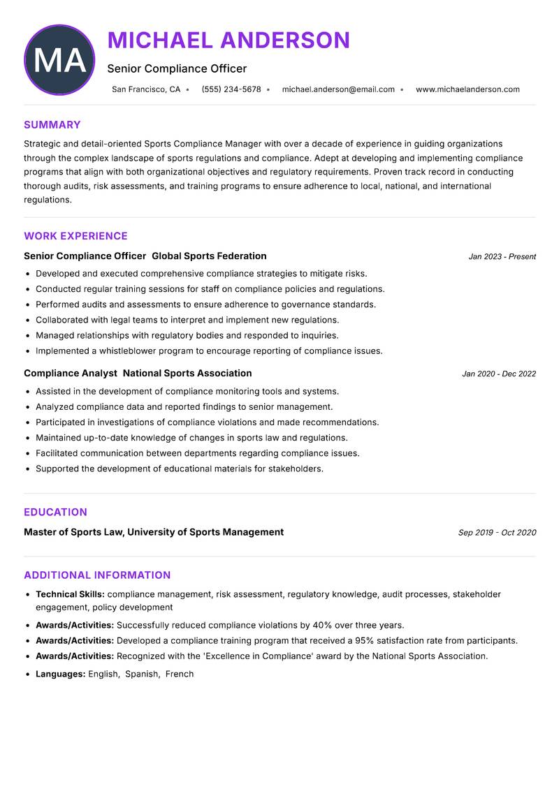 Sports Compliance Manager resume example — ATS-friendly template